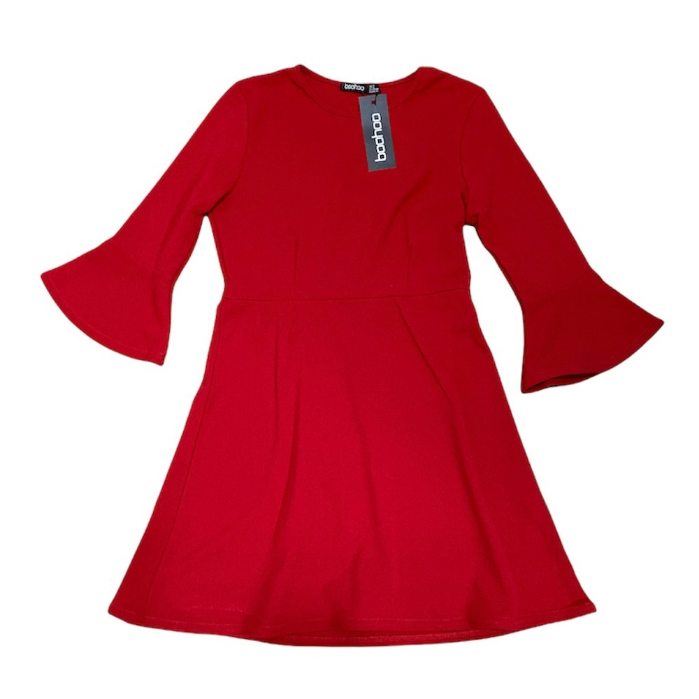 Boohoo Red Bell Sleeve Dress